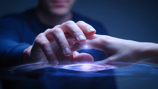 A guy and a girl extend their hands towards each other through a portal connecting their separate worlds.