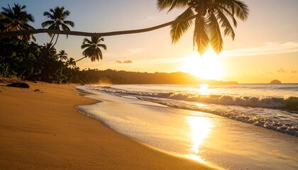 Tropical beach scene during sunset. Palm trees frame the golden sunlight reflecting on wet sand and gentle waves. The horizon shows a dark island silhouette