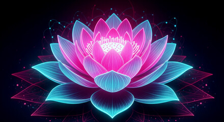 Stunning lotus flower glowing with neon pink and blue light radiates peace and tranquility