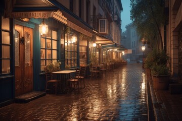 Naklejka premium A cozy rainy street cafÃ© at dusk with warm lights and soft puddle reflections 