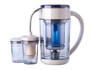 Clear water pitcher with blue filter and separate cup isolated on a transparent background image