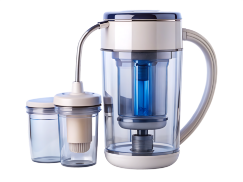 Clear water pitcher with blue filter and separate cup isolated on a transparent background image