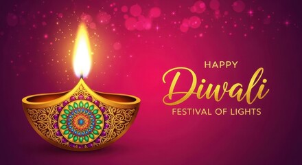 Illuminated diya lamp with intricate design on a pink background celebrating diwali festival of lights