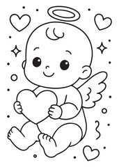 coloring book baby cupid with wings and halo holding heart, valentine kawaii style