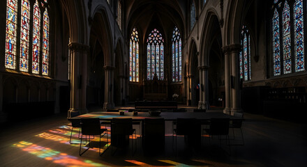 Fototapeta premium Architectural Interior Lit By Stained Glass, Offering Deep Light And Shadow