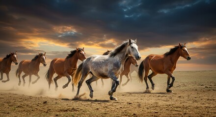 Fototapeta premium Horses running across a dry field under a dramatic sky with clouds and sunset light in the background