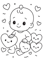 coloring book baby playing with heart toys surrounded by valentine hearts