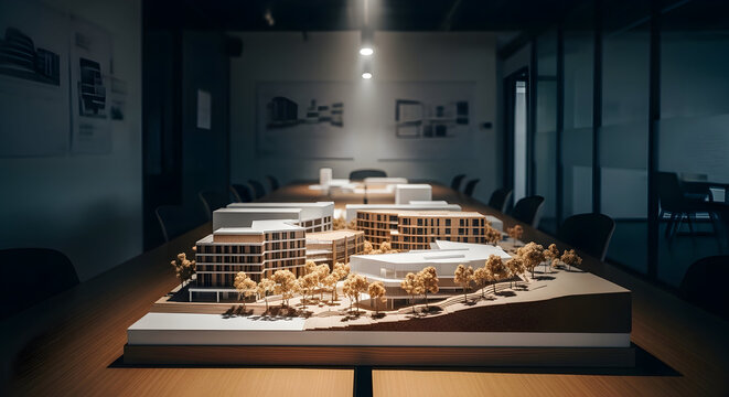 Architectural model on a table in a conference room with perfect lighting conditions - Powered by Adobe