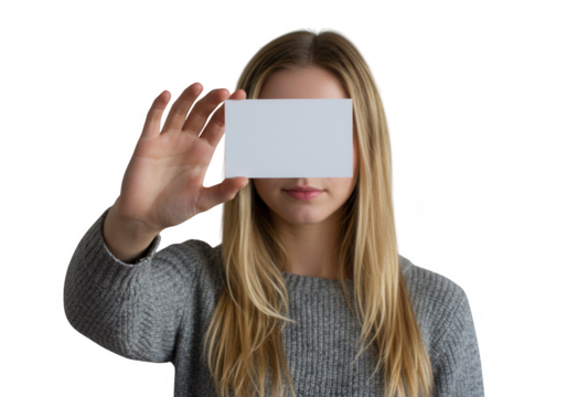 Young woman holding a blank white card in front of her face isolated on transparent background