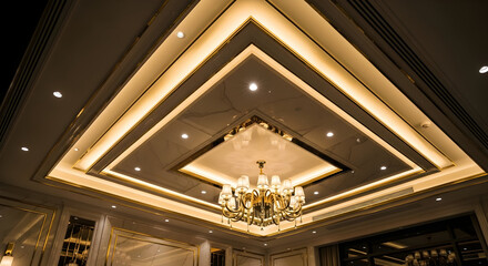 Obraz premium Architectural Symmetry Illuminated: A Luxurious Ceiling Design Featuring a Chandelier