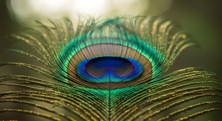 Fototapeta premium Close up of a peacock feather showing its iridescent colors and intricate details in soft focus light