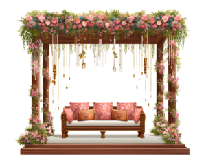 Indian wedding flower-decorated mandap with wooden arch and bench, transparent
