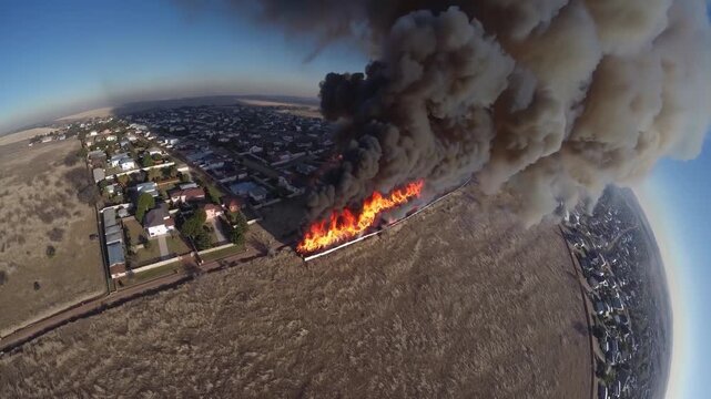 A large fire burns in a field near a residential area, with thick smoke rising into the sky. The aerial view shows rows of houses adjacent to the burning field.