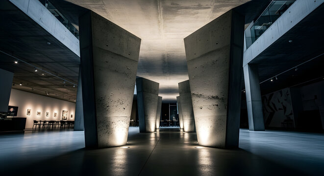 Architectural Symphony: Modern Concrete Structure with Dramatic Lighting and Shadows Evoked
