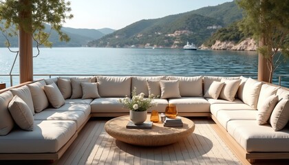 Obraz premium Spacious yacht lounge with U-shaped sofa, coffee table with flowers, ocean view. Comfortable beige cushions, modern design. Hills, cruise ship in background. Perfect for luxury travel, relaxation,