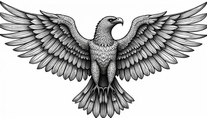 Obraz premium Intricate zentangle illustration of eagle with spread wings. Black line art design features detailed feathers, mandala-like pattern, suitable for adult coloring books, tattoos, wildlife art projects.