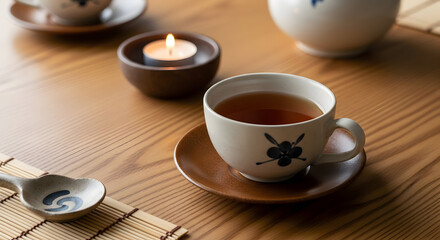 Aromatic Tea Ceremony Featuring Delicately Decorated Tea Cup And Warm Ambiance Display