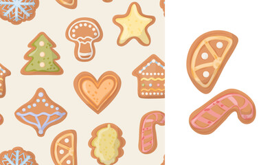 Christmas gingerbread seamless pattern and cute cookie element isolated on white background. Adorable vector illustration. Traditional baked glazed cakes festive design.
