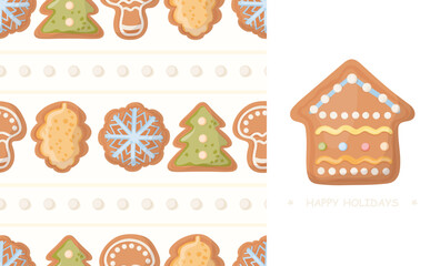 Christmas gingerbread seamless pattern and house cookie element isolated on white background. Cute vector illustration. Traditional baked glazed cakes festive design.