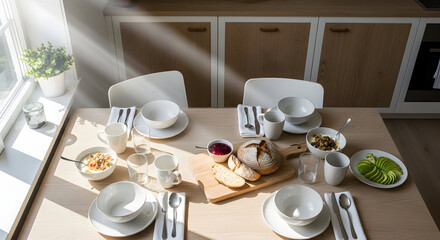 Fototapeta premium Beautiful Breakfast Table Ready For Dining, Sunlight Illuminates The Scene With Elegance