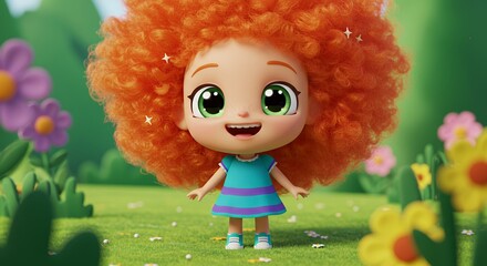 Animated character with curly orange hair in a sunny outdoor setting