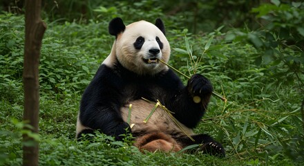 Naklejka premium A panda sitting in greenery eating bamboo shoots with its paws in a natural habitat setting outdoors