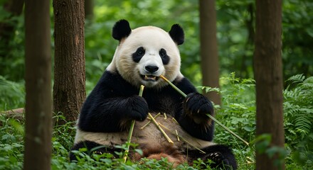 A panda bear sitting in a forest eating bamboo sticks with trees and green foliage around it