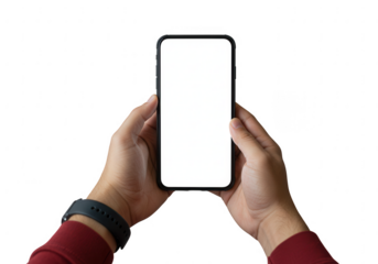 Person holding a modern smartphone with a blank white screen in their hands isolated on transparent background