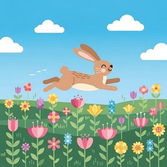 Happy Rabbit Leaps Spring Meadow.