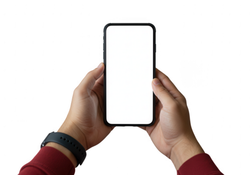 Person holding a modern smartphone with a blank white screen in their hands isolated on transparent background