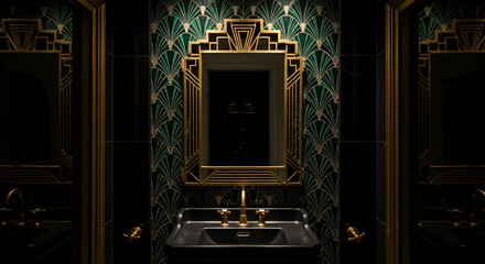 Art Deco Interior Bathroom Design with a Gold Mirror and Emerald Green Wallpaper