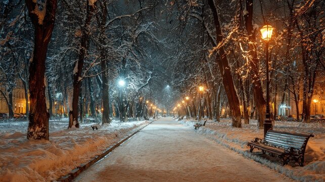 beautiful walkway in illuminated night winter ivan franko park lviv city center ukraine no logos no brands ar 169