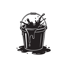 Black and white illustration of a bucket with splashing liquid and drips on a white background pail container