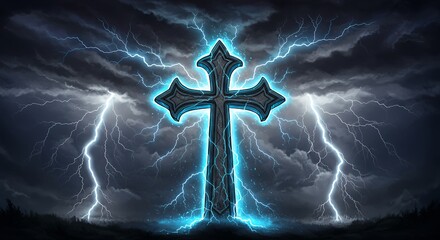 Cross silhouette illuminated by lightning against dramatic sky background