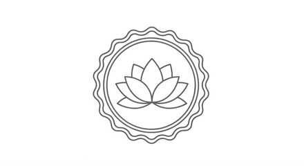 Outline drawing of a lotus flower inside a scalloped circle on a white background illustration