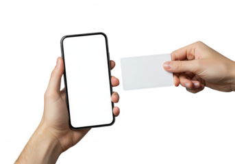 Person holding a smartphone with a blank screen and a credit card in front of it isolated on transparent background
