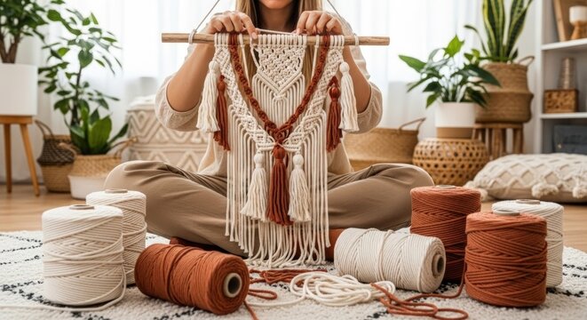 Woman Creating Macrame Wall Hanging at Home
