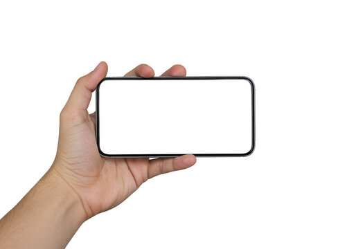 Human hand holding a modern smartphone horizontally with a blank white screen isolated on transparent background