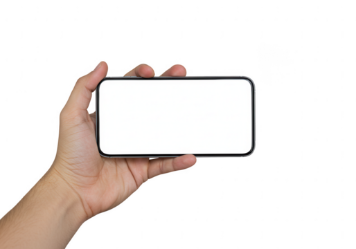 Human hand holding a modern smartphone horizontally with a blank white screen isolated on transparent background