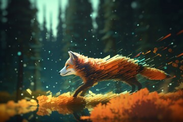 A digital fox running through a pixelated forest, glitch effects and motion trails 