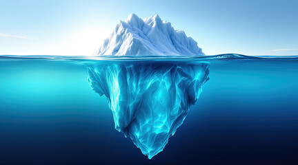 Obraz premium Majestic Iceberg Floating in Deep Blue Ocean Waters, Illustrating Hidden Depths and Environmental Awareness, Perfect for Climate Change Visuals