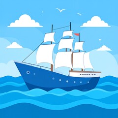 Cartoon sailing ship on blue water