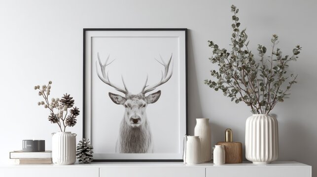 mockup black poster frame with christmas decoration in home interior scandinavian style christmas deer branches in a vase on a white table ai generated