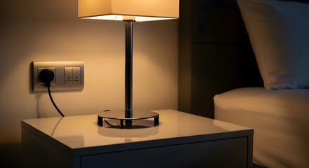 Bedroom nightstand with lamp and electrical outlet in close-up shot at night setting