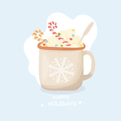 A hot chocolate, cocoa mug on a blue background. Christmas drink with cream and candy canes vector illustration. Happy holidays cute card design.