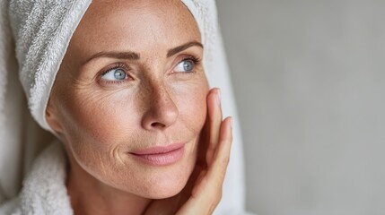 happy beautiful middle aged woman wearing bathrobe and white towel with perfect complexion touching face looking away in bathroom advertising of skin care spa wellness concept closeup portrait no log