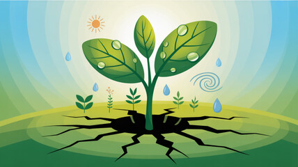 Illustration of a plant growing through cracked earth, symbolizing resilience, hope, and the power of nature to overcome adversity and environmental challenges