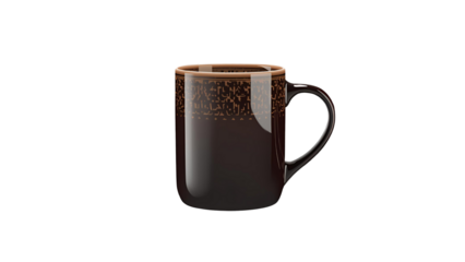 Stylish dark brown mug with abstract pattern, isolated for design.