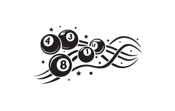 Black and white illustration of numbered lottery balls with swirling lines and stars on a white background