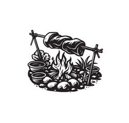 Campfire Cooking Spit Roast With Fire And Bowls meat